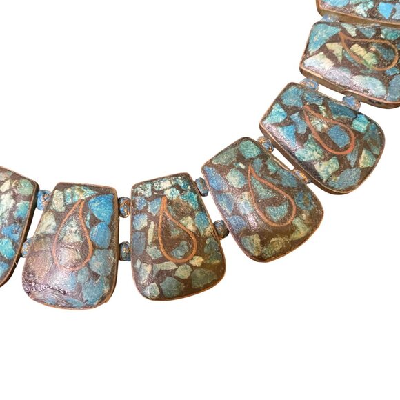Vintage Turquoise Mosaic Statement Necklace With Teardrop Design - Picture 2 of 8